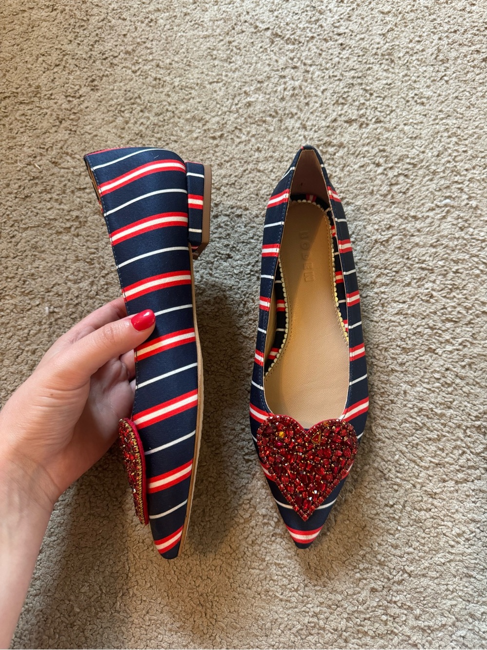 Boden Navy and Red Striped Pointed Flats with Red Beaded Heart
